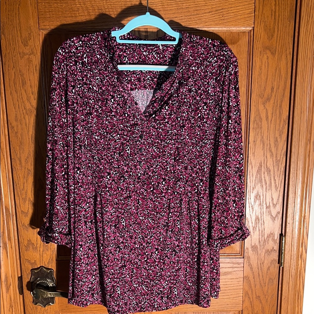 V-Neck Floral Print Long Sleeve Top - Burgundy & Black
